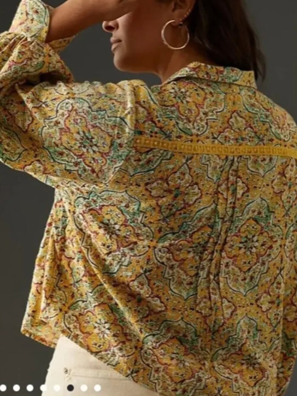 Anthropologie Pilcro Sz 1X Pintuck Peasant Blouse Yellow Floral Crochet Cottage - Picture 2 of 7